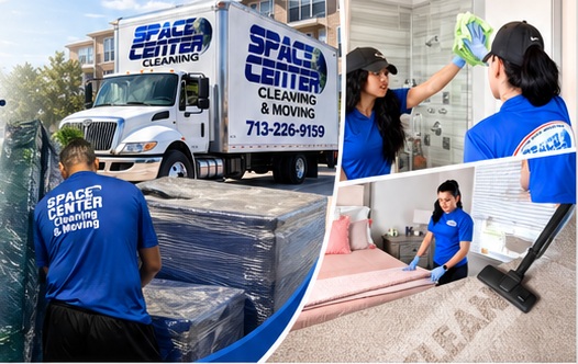 Space Center moving truck and cleaning team collage